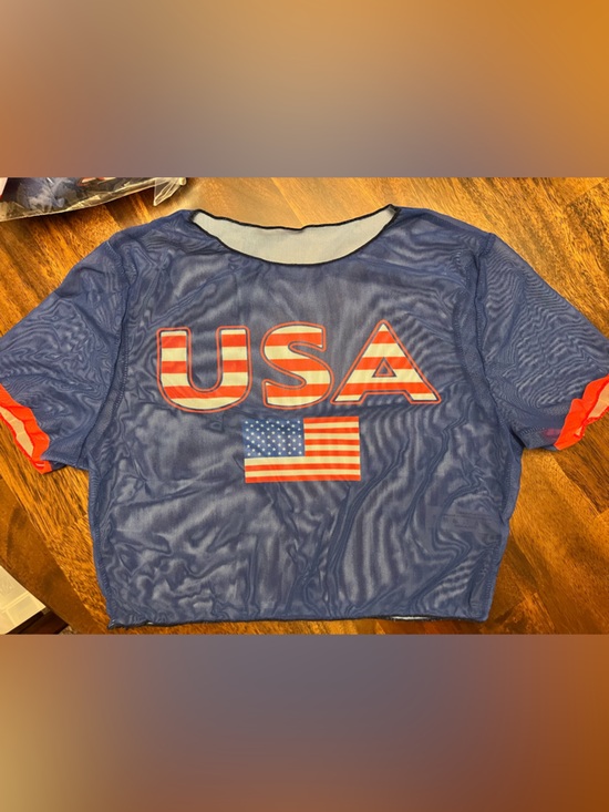 3pc American Flag Stars Stripes Bikini Set with Mesh Cover Up Top - Picture 4 of 8